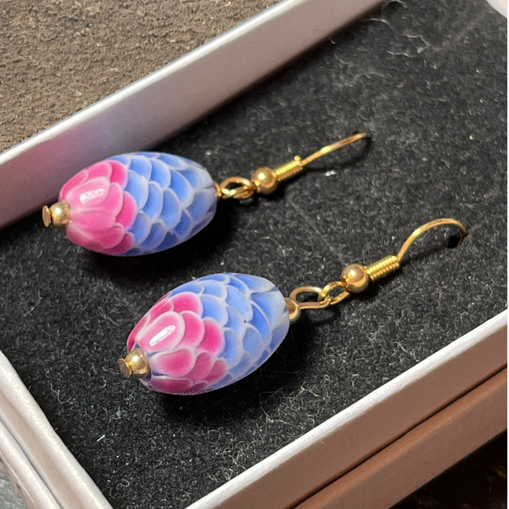 Boucles D'oreilles Vintage Clips - Verre Rose Flammé - Bon état D'usage