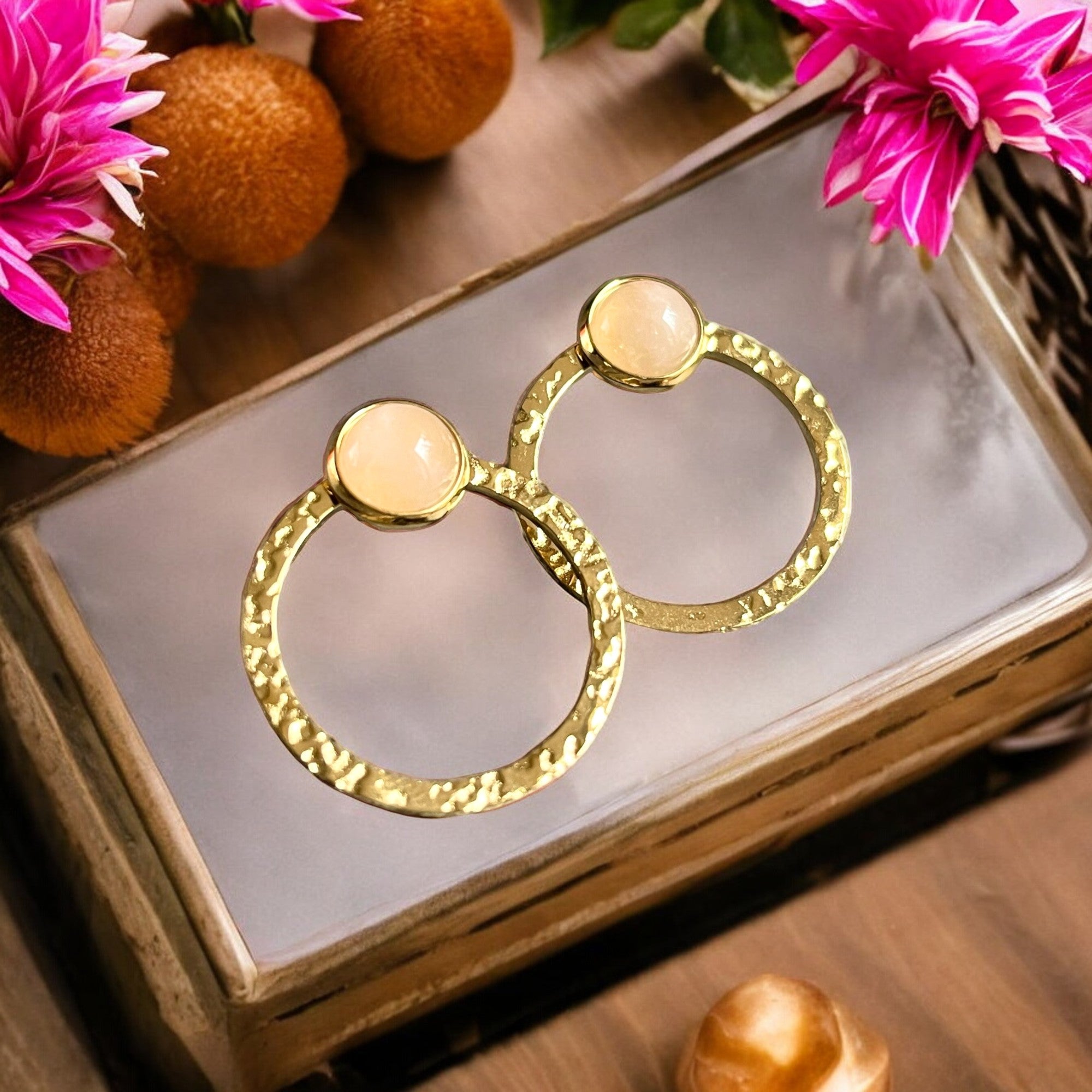 Boucles d'oreilles "BRIGITTE" en acier inoxydable et Quartz rose