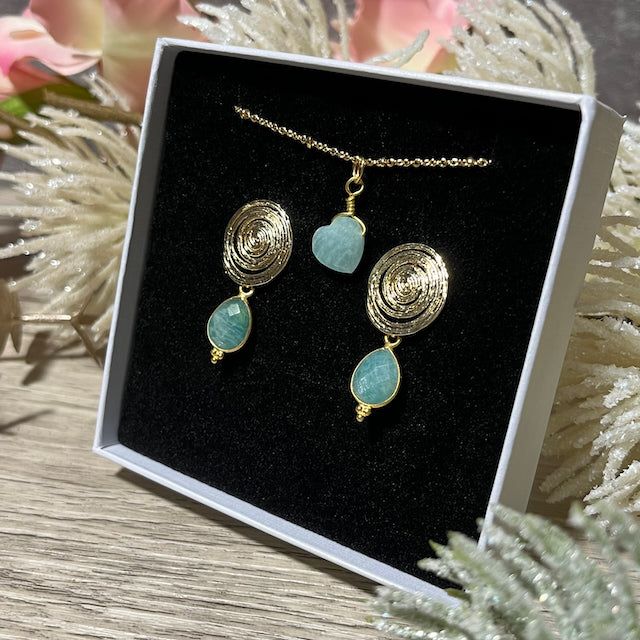 coffret boucles oreilles pendentif femme pierre naturelle amazonite tourmalyn bijoux - vue de cote