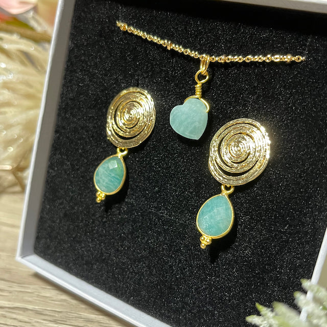 coffret boucles oreilles pendentif femme pierre naturelle amazonite tourmalyn bijoux - vue rapprochée