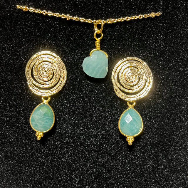 coffret boucles oreilles pendentif femme pierre naturelle amazonite tourmalyn bijoux - sur velours