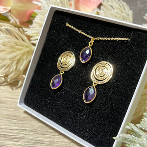 coffret boucles oreilles pendentif femme pierre naturelle amethyste tourmalyn bijoux - vue de cote