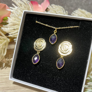 coffret boucles oreilles pendentif femme pierre naturelle amethyste tourmalyn bijoux - vue or fin