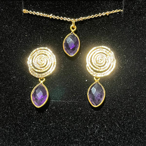 coffret boucles oreilles pendentif femme pierre naturelle amethyste tourmalyn bijoux - reflets dorés