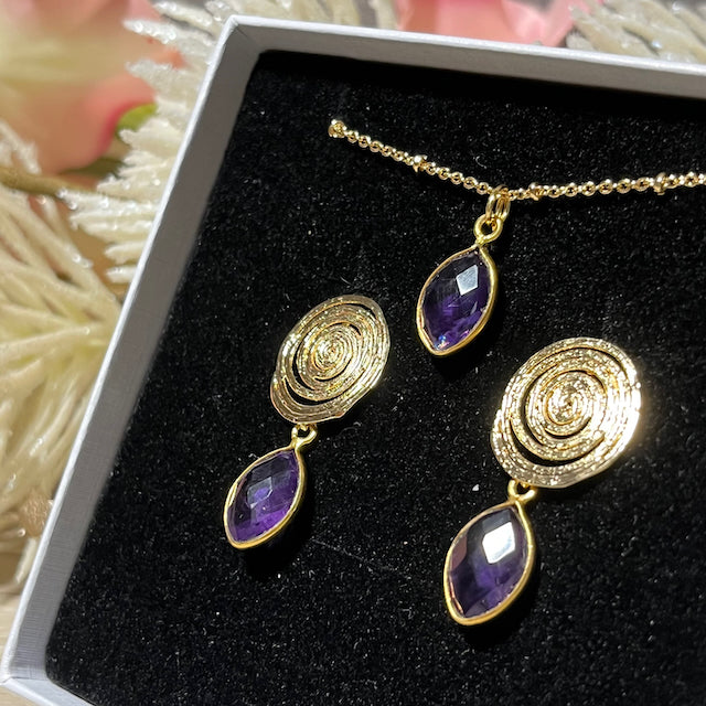 coffret boucles oreilles pendentif femme pierre naturelle amethyste tourmalyn bijoux - vue de près