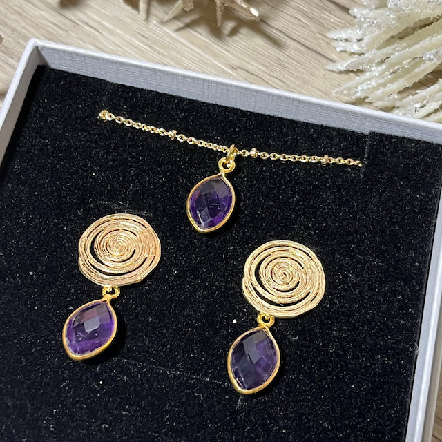 coffret boucles oreilles pendentif femme pierre naturelle amethyste tourmalyn bijoux - vue de dessus