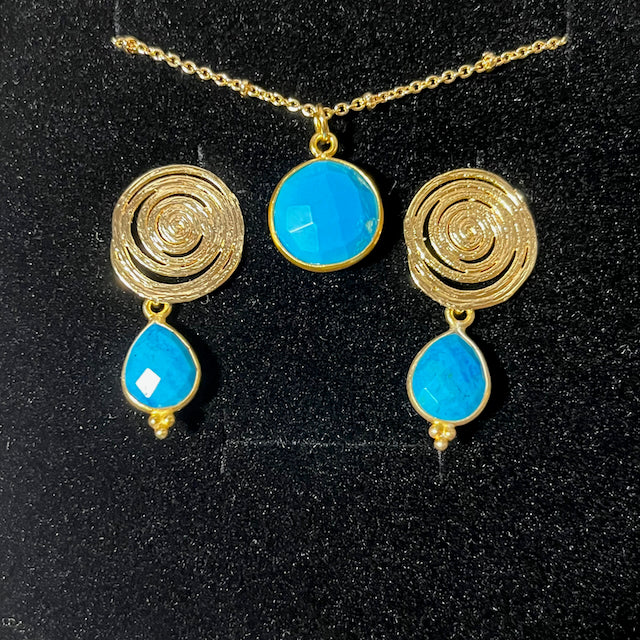 cadeau bijoux femme coffret boucles oreilles et pendentif en pierre naturelle turquoise tourmalyn bijoux - vue proche