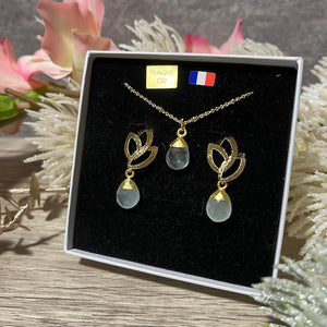 cadeau bijoux femme coffret boucles oreilles et pendentif en pierre naturelle aigue marine tourmalyn bijoux - vue cote