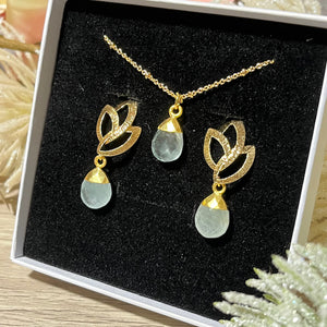 cadeau bijoux femme coffret boucles oreilles et pendentif en pierre naturelle aigue marine tourmalyn bijoux - vue de pres