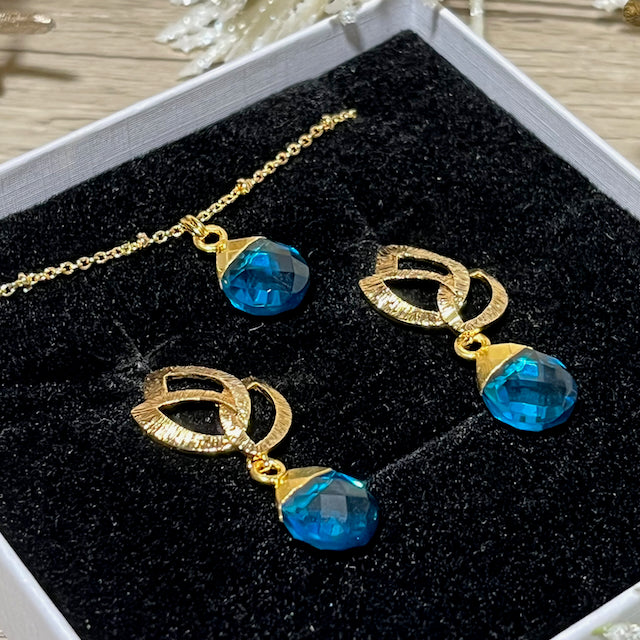coffret bijoux femme parure pierre naturelle de quartz bleu doré or fin - velours noir