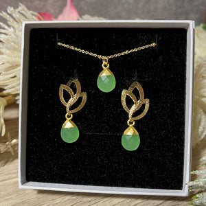 cadeau bijoux femme coffret boucles oreilles et pendentif en pierre naturelle calcédoine verte tourmalyn bijoux - vue face