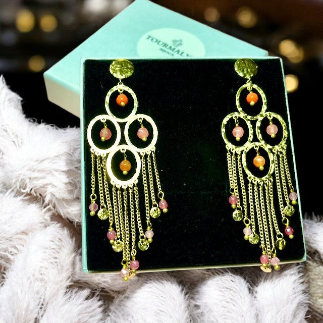 Boucles d'oreilles "FASCINANTE" en acier inoxydable doré - agate rose orangée