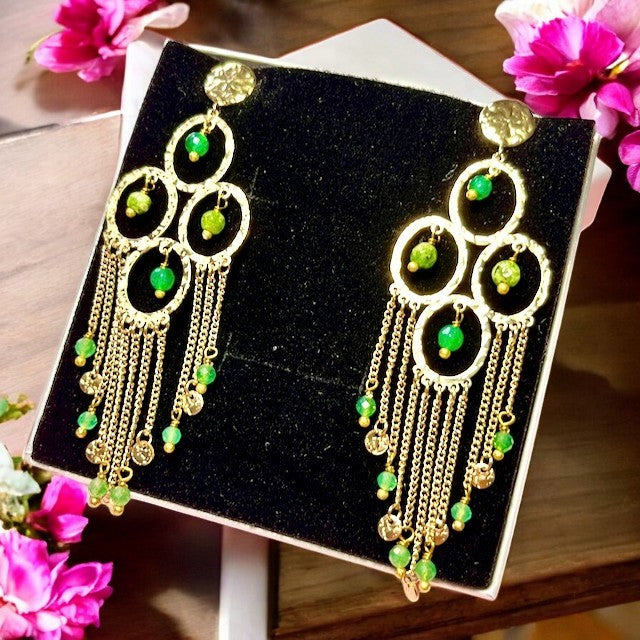 Boucles d'oreilles "FASCINANTE" en acier inoxydable doré - agate verte