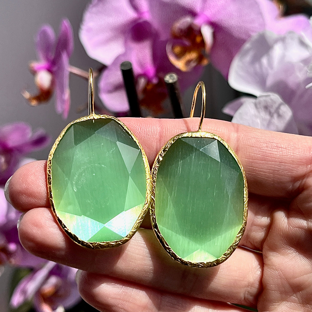 Boucles d’oreilles "DHAKA 2" pierre naturelle Agate verte dorées or fin