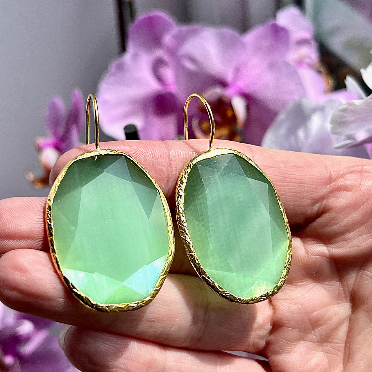 Boucles d’oreilles "DHAKA 2" pierre naturelle Agate verte dorées or fin