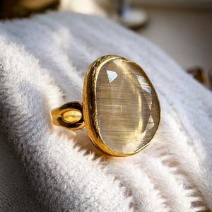 Bague "PERLINA" pierre naturelle agate beige champagne dorée or fin