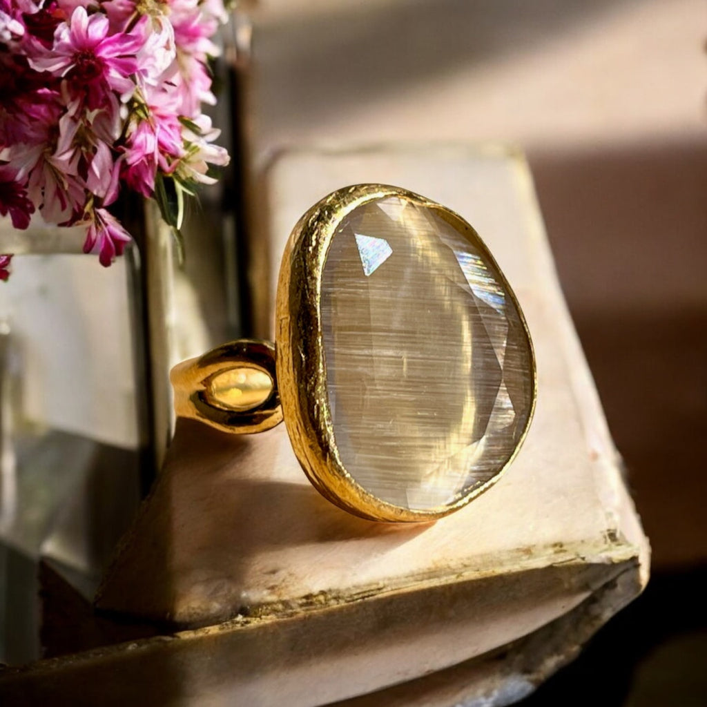 Bague "PERLINA" pierre naturelle agate beige champagne dorée or fin