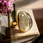 Bague "PERLINA" pierre naturelle agate beige champagne dorée or fin