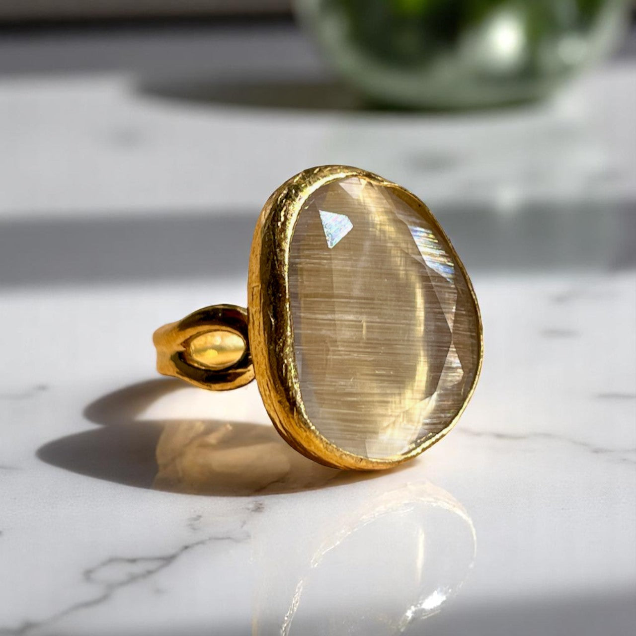 Bague "PERLINA" pierre naturelle agate beige champagne dorée or fin
