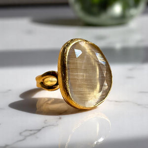 Bague "PERLINA" pierre naturelle agate beige champagne dorée or fin