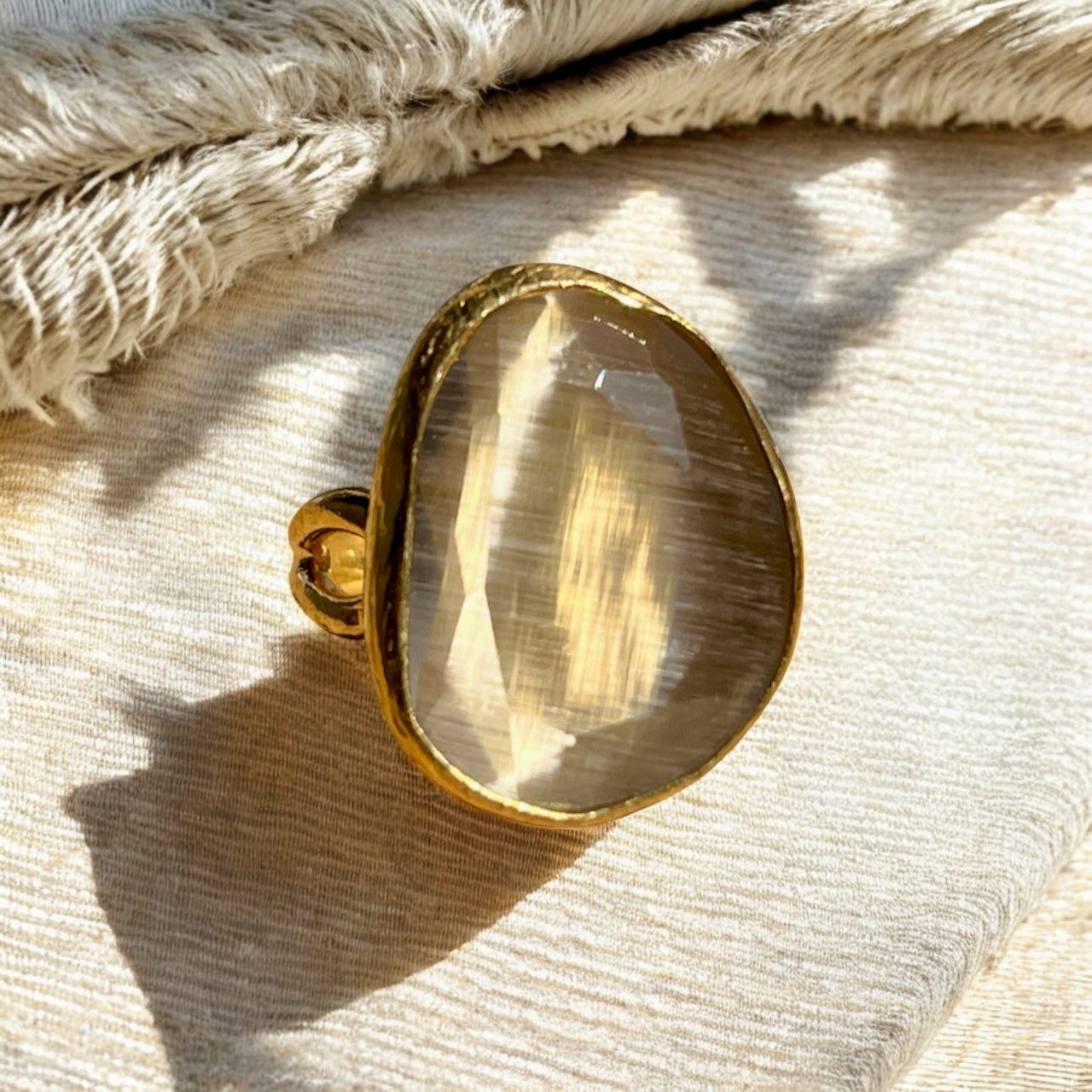 Bague "PERLINA" pierre naturelle agate beige champagne dorée or fin