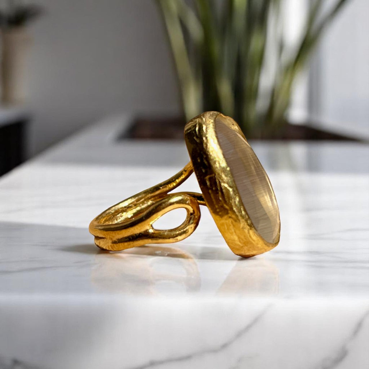 Bague "PERLINA" pierre naturelle agate beige champagne dorée or fin