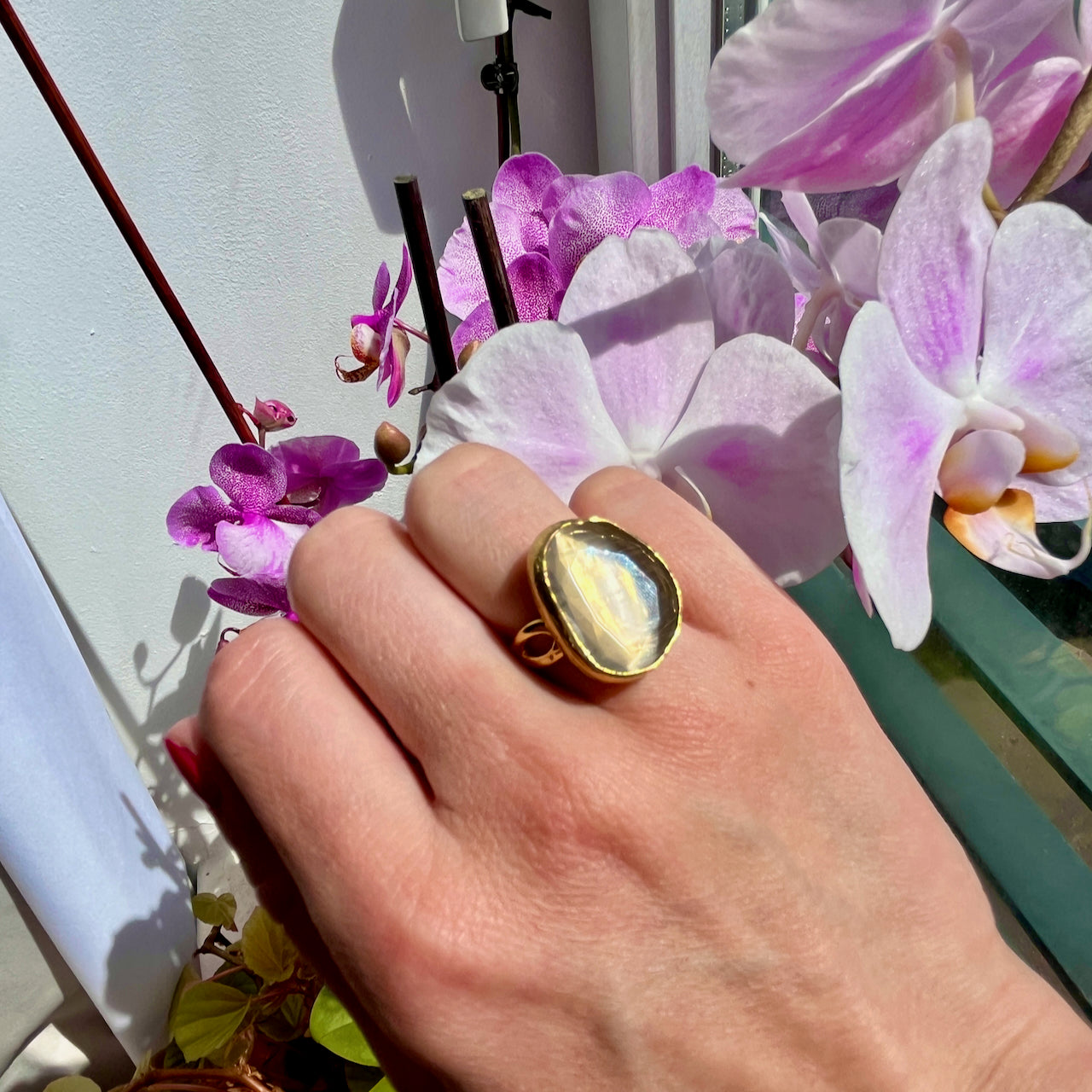 Bague "PERLINA" pierre naturelle agate beige champagne dorée or fin