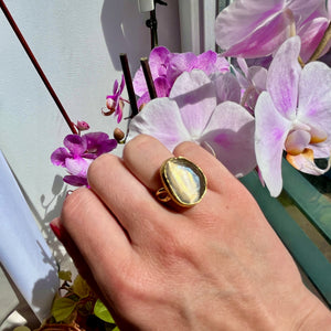 Bague "PERLINA" pierre naturelle agate beige champagne dorée or fin
