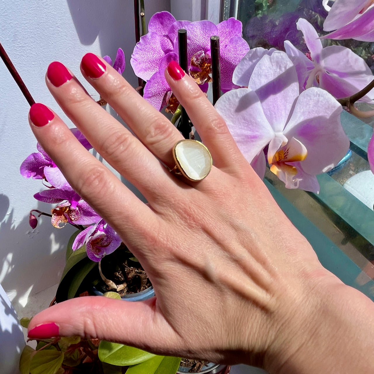 Bague "ELYNE" pierre naturelle agate blanche dorée or fin