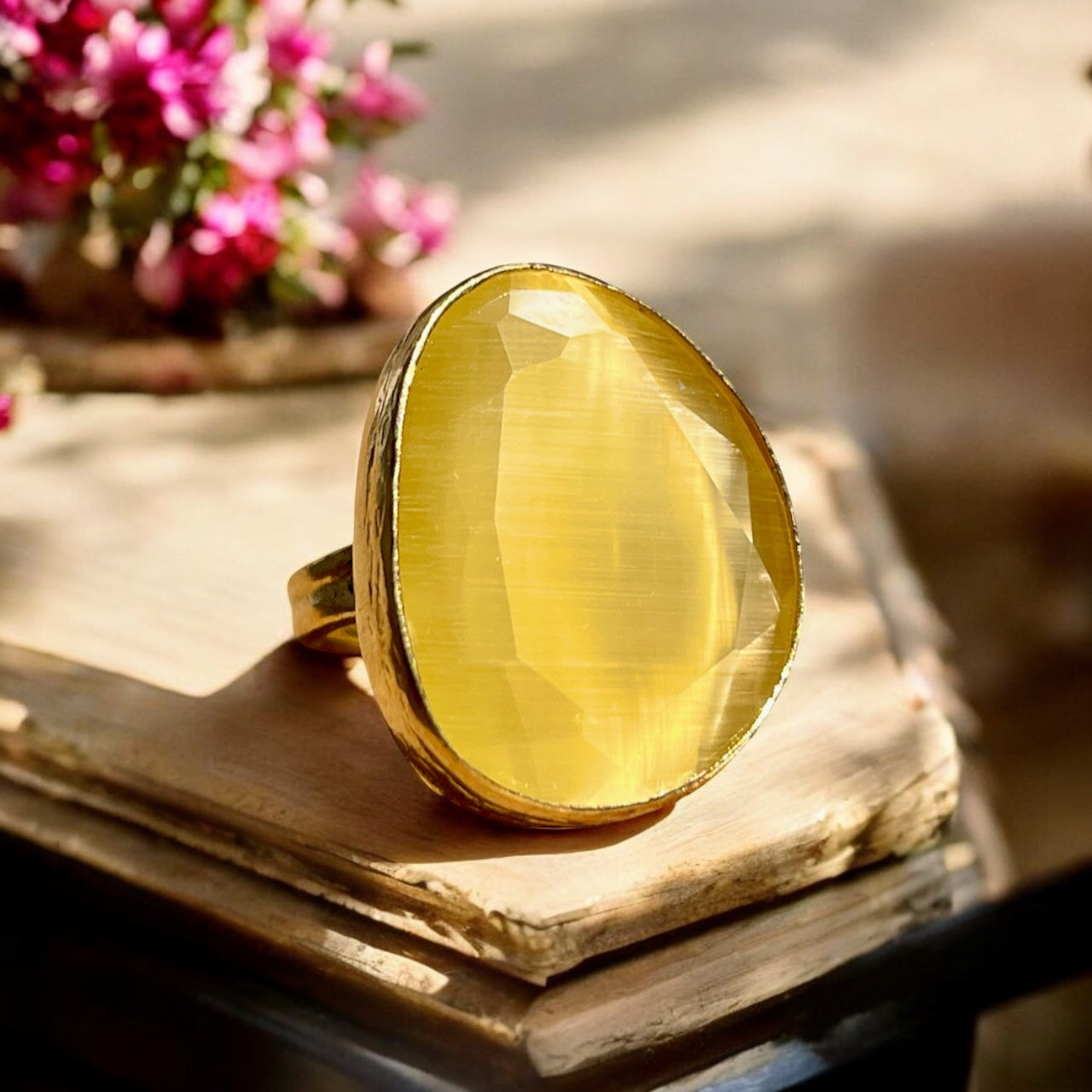 Bague "AGANOVA" pierre naturelle agate jaune dorée or fin