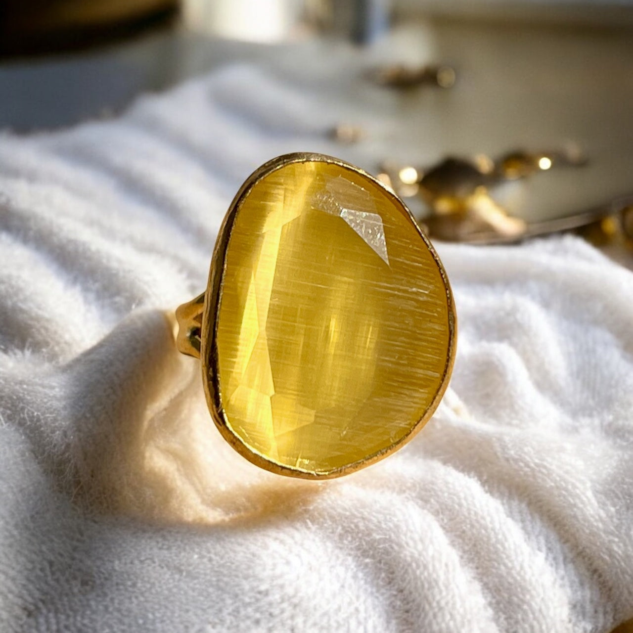 Bague "AGANOVA" pierre naturelle agate jaune dorée or fin