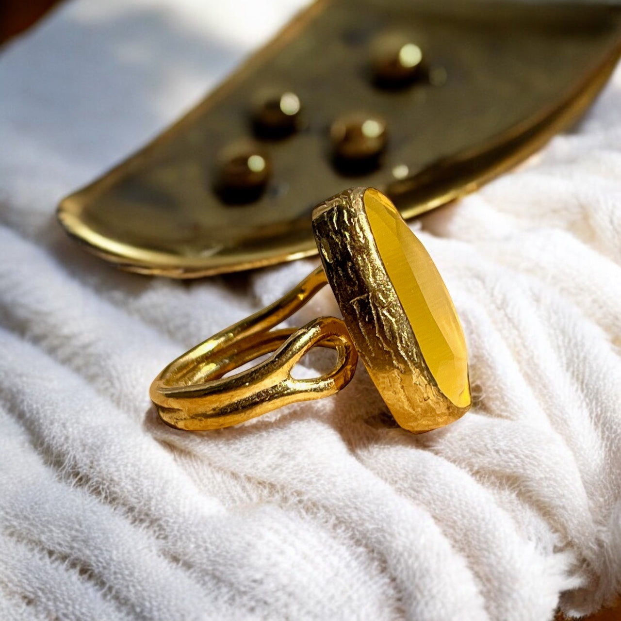 Bague "AGANOVA" pierre naturelle agate jaune dorée or fin