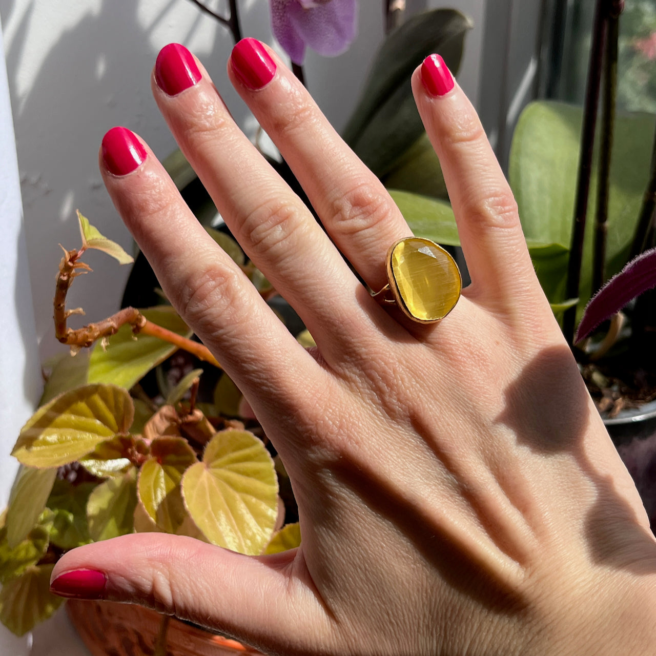 Bague "AGANOVA" pierre naturelle agate jaune dorée or fin