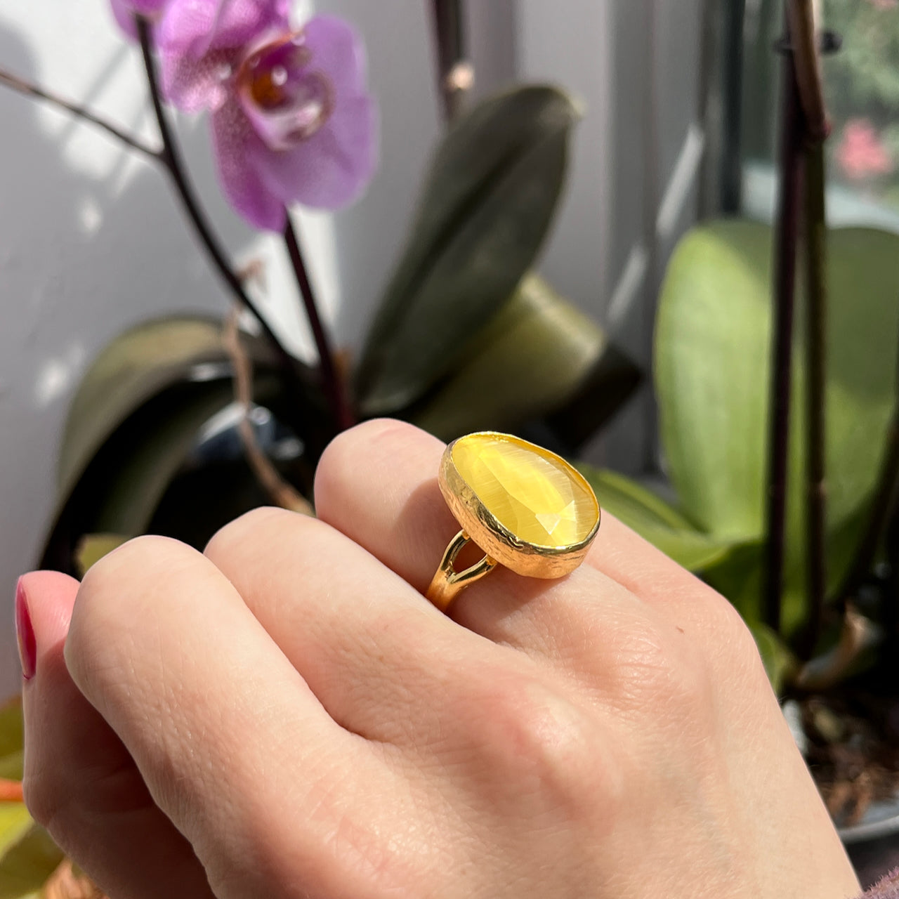 Bague "AGANOVA" pierre naturelle agate jaune dorée or fin
