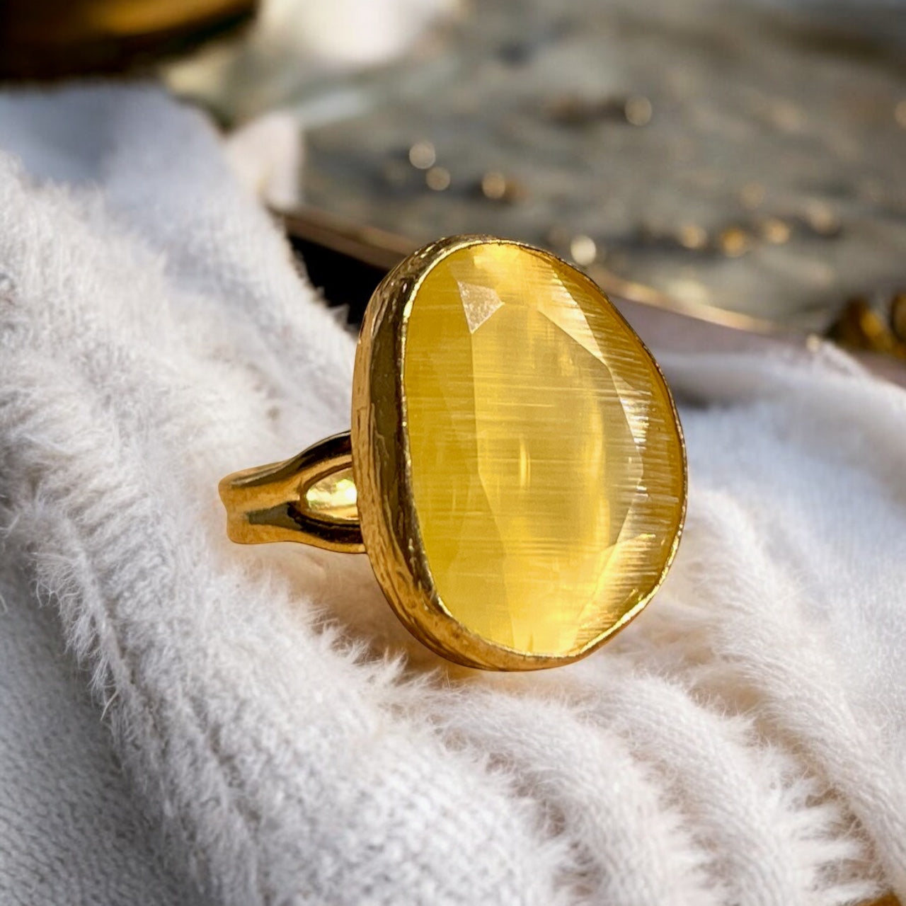 Bague "AGANOVA" pierre naturelle agate jaune dorée or fin