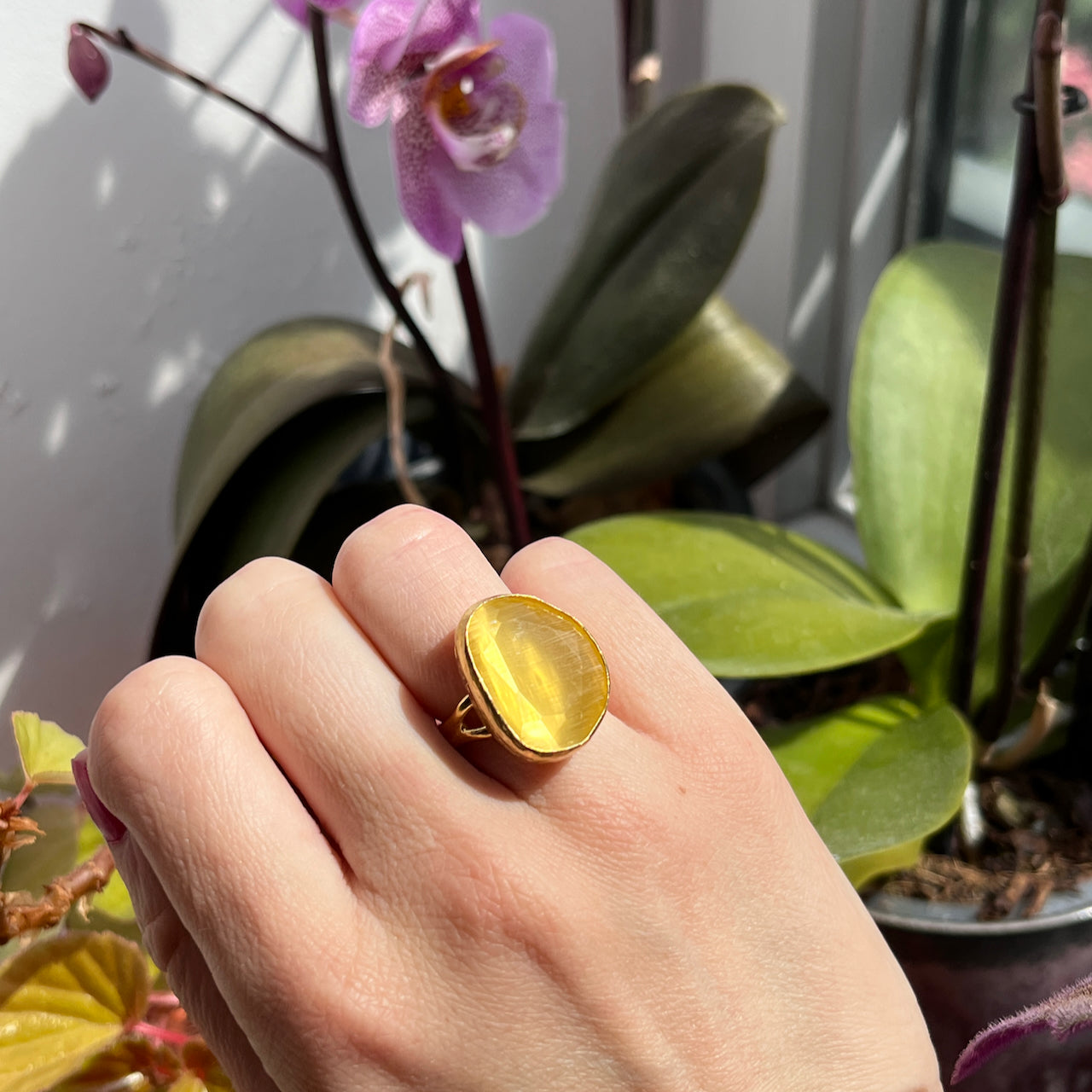 Bague "AGANOVA" pierre naturelle agate jaune dorée or fin