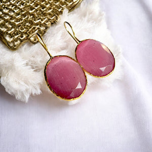 Boucles d’oreilles "ECLISIA 2" dorées or fin pierre naturelle Agate rose