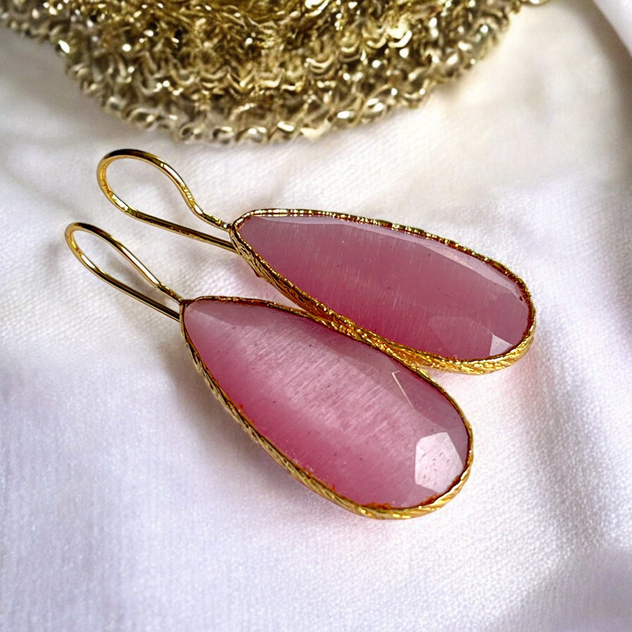 Boucles d’oreilles "ECLISIA" dorées or fin pierre naturelle Agate rose
