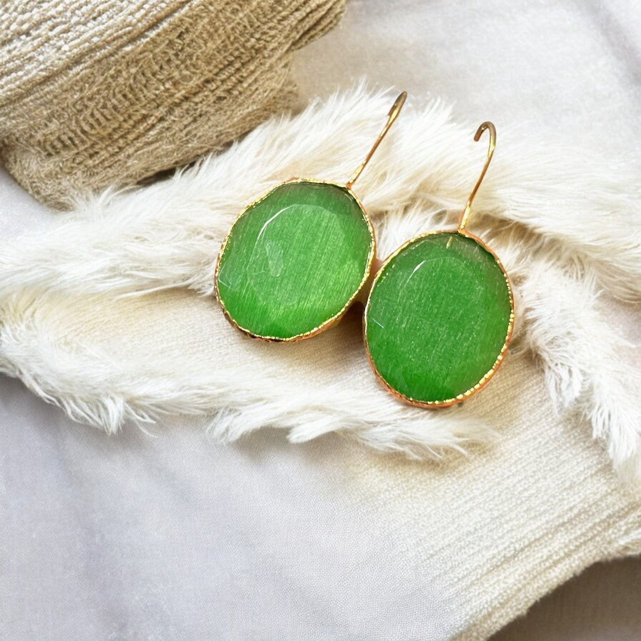Boucles d’oreilles "FLORIA" dorées or fin pierre naturelle Agate verte