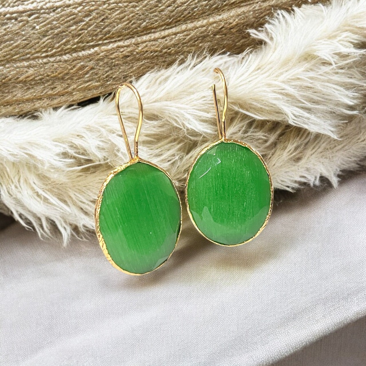 Boucles d’oreilles "FLORIA" dorées or fin pierre naturelle Agate verte
