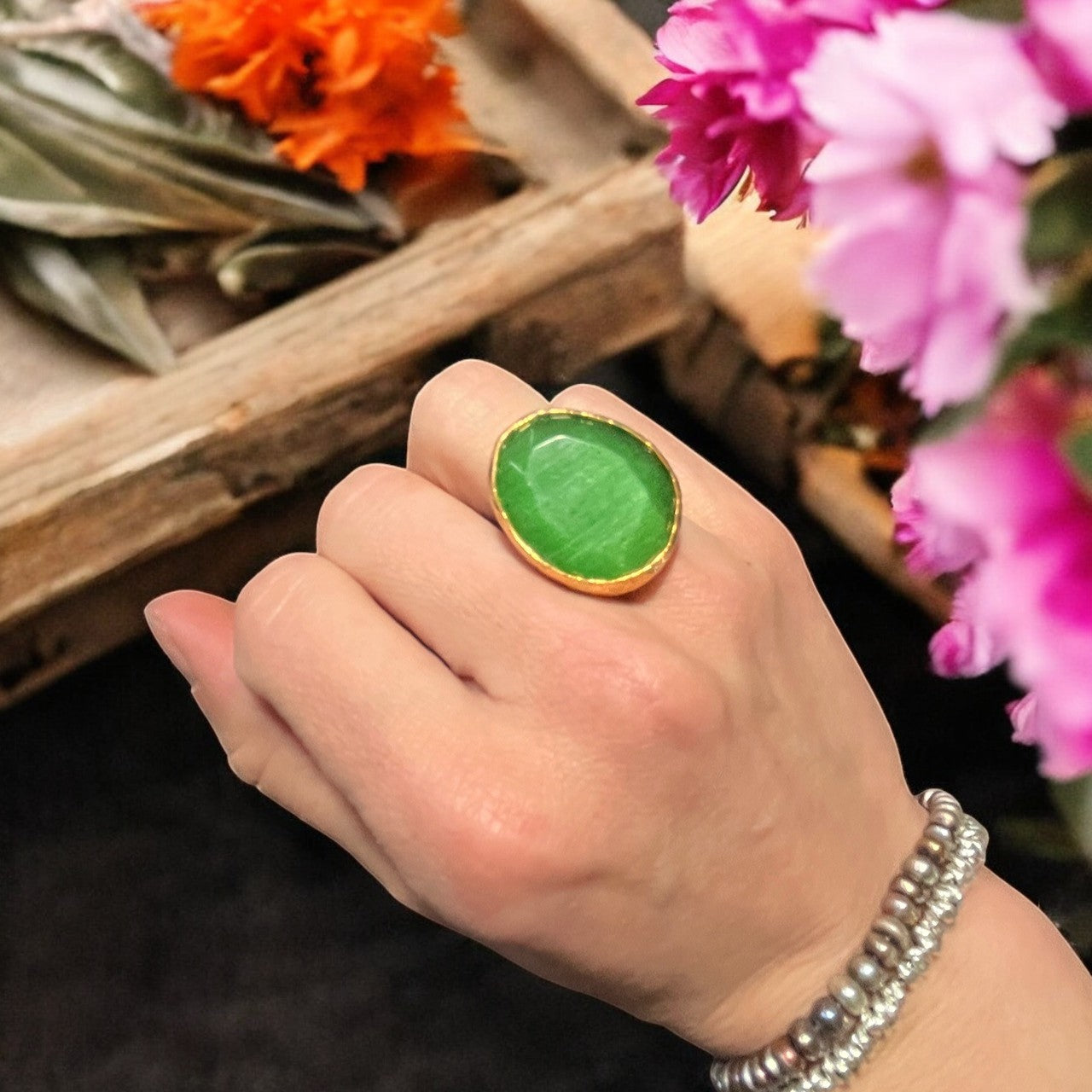 Bague "FLORIA" pierre naturelle agate verte
