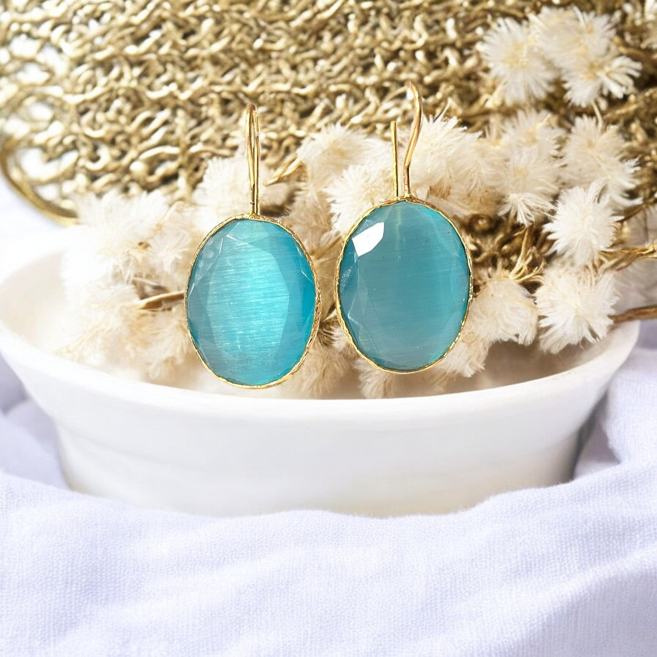 Boucles d’oreilles "ROSALIA" dorées or fin pierre naturelle Agate bleue