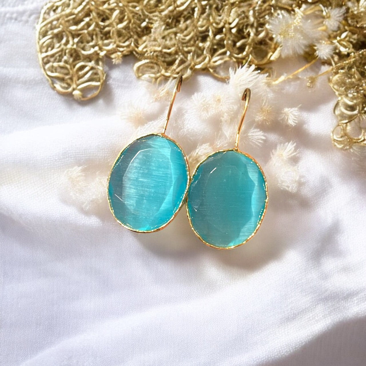 Boucles d’oreilles "ROSALIA" dorées or fin pierre naturelle Agate bleue