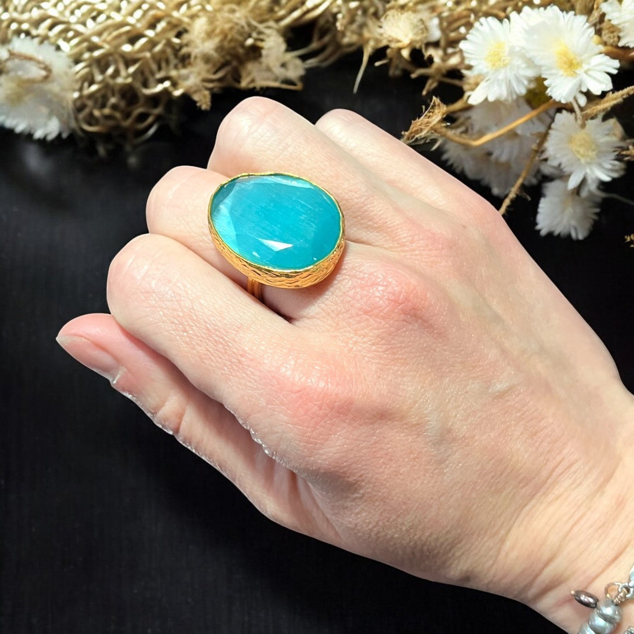 Bague "ROSALIA" pierre naturelle agate bleue