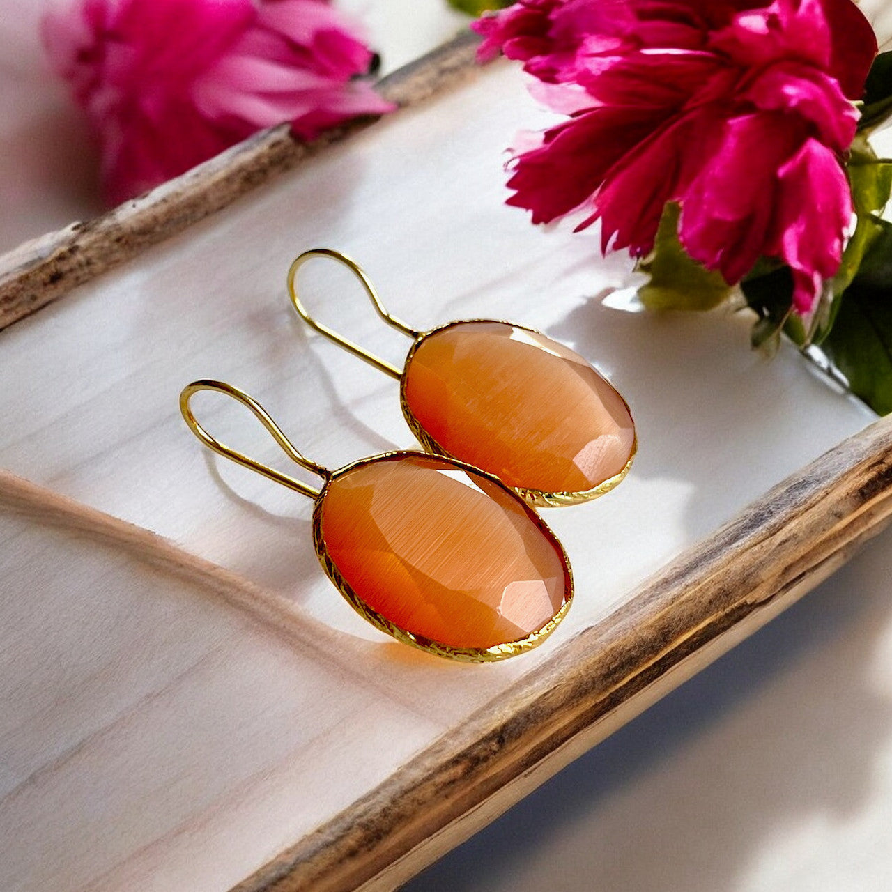 Boucles d’oreilles "DIAMORA" dorées or fin pierre naturelle Agate orange