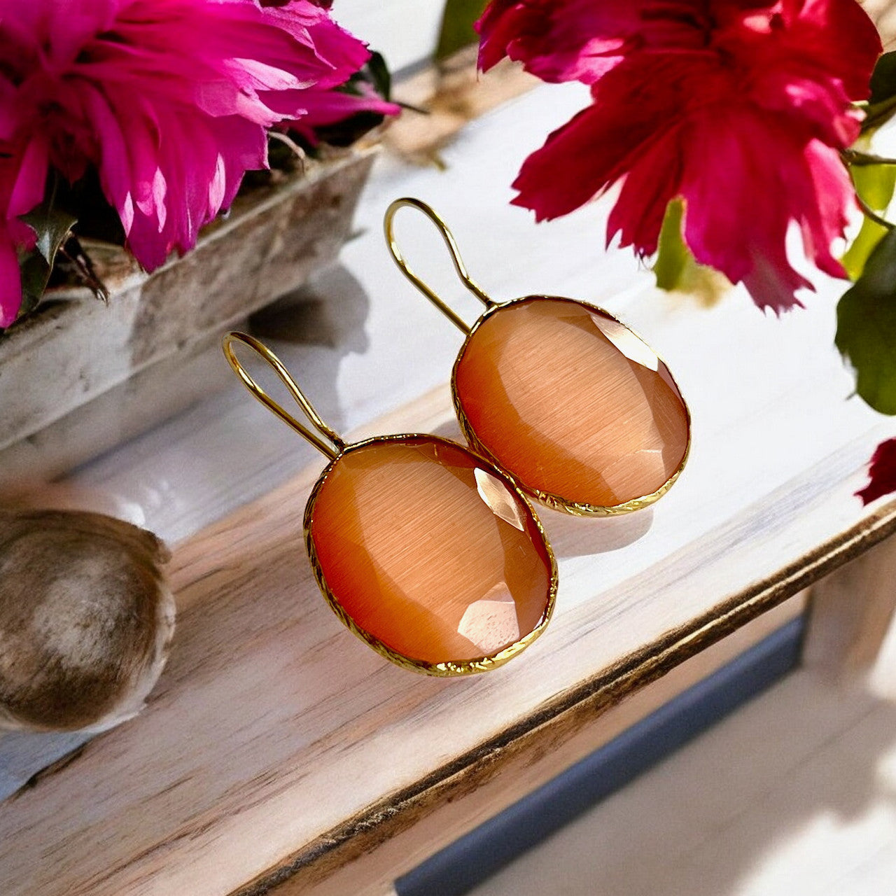 Boucles d’oreilles "DIAMORA" dorées or fin pierre naturelle Agate orange