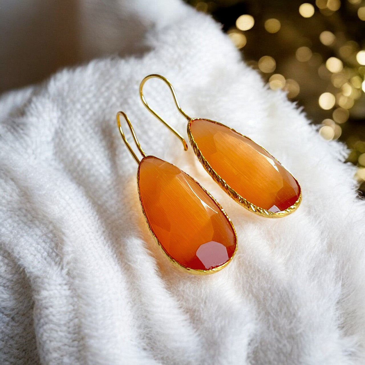 Boucles d’oreilles "DIAMORA 2" dorées or fin pierre naturelle Agate orange