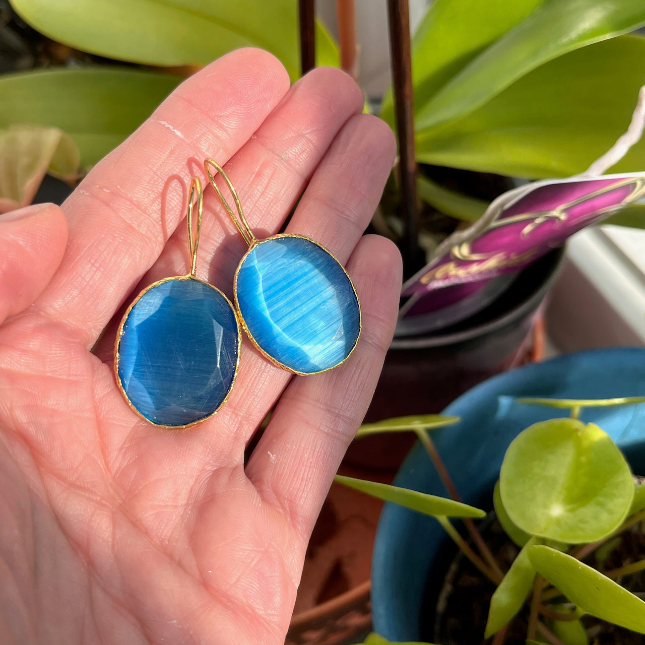 Boucles d’oreilles "SIRENA" dorées or fin pierre naturelle Agate bleue