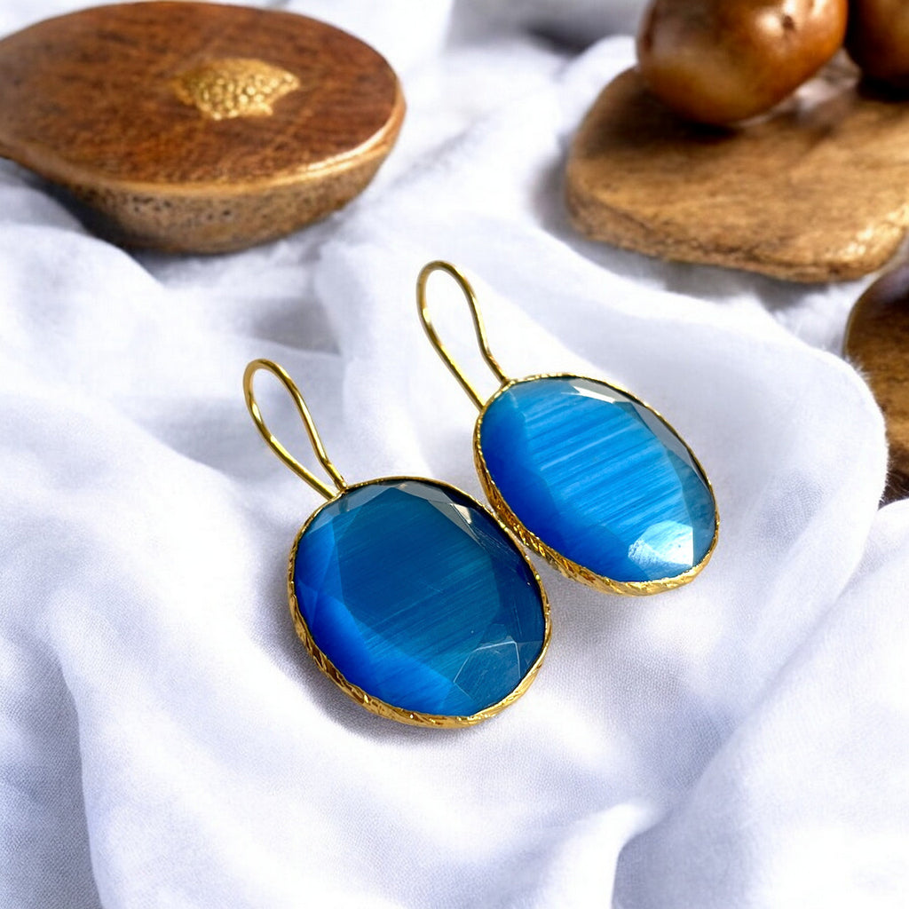 Boucles d’oreilles "SIRENA" dorées or fin pierre naturelle Agate bleue