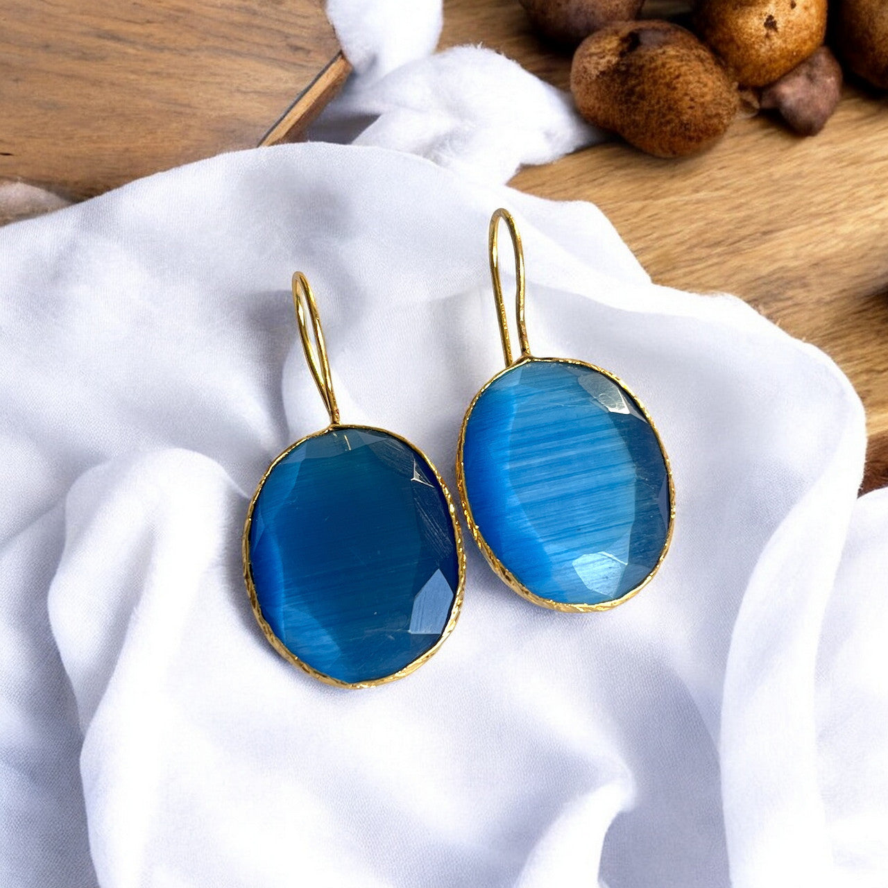 Boucles d’oreilles "SIRENA" dorées or fin pierre naturelle Agate bleue